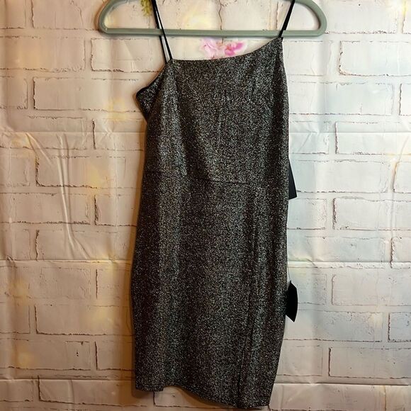Lulus Take Me Anywhere Silver Sparkly Asymmetrical Bodycon Mini Dress size S - Picture 5 of 12